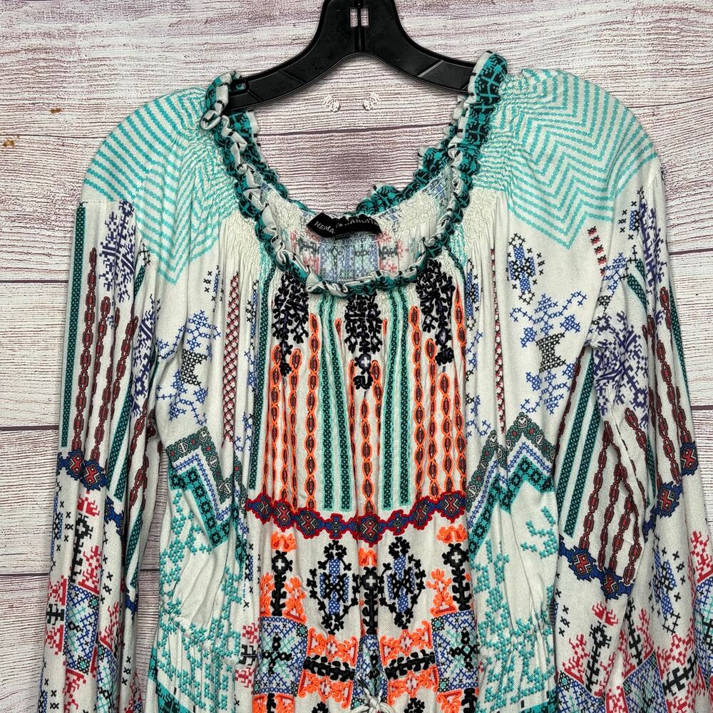 Hemant & Nandita Boho Off Sholder Embroidered Tassel Smocked Mini Dress Medium - Picture 7 of 15